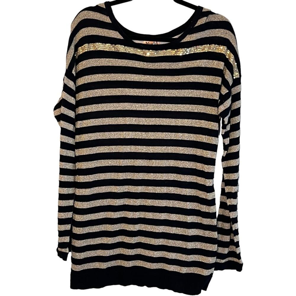 MUDD THIN SWEATER LONG SLEEVE STRIPED BLACK/GOLD SHIMMER SEQUIN COTTON BLEND
